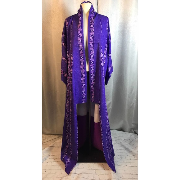 Other - VTG Purple Rayon Crepe Fan Print Kimono Sz L